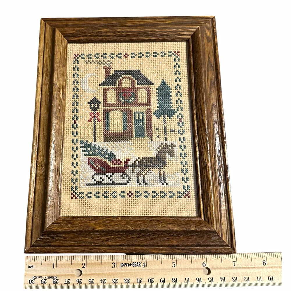Hand-Made Framed Cross Stitch Picture Wood Frame House Horse & Sleigh Scene